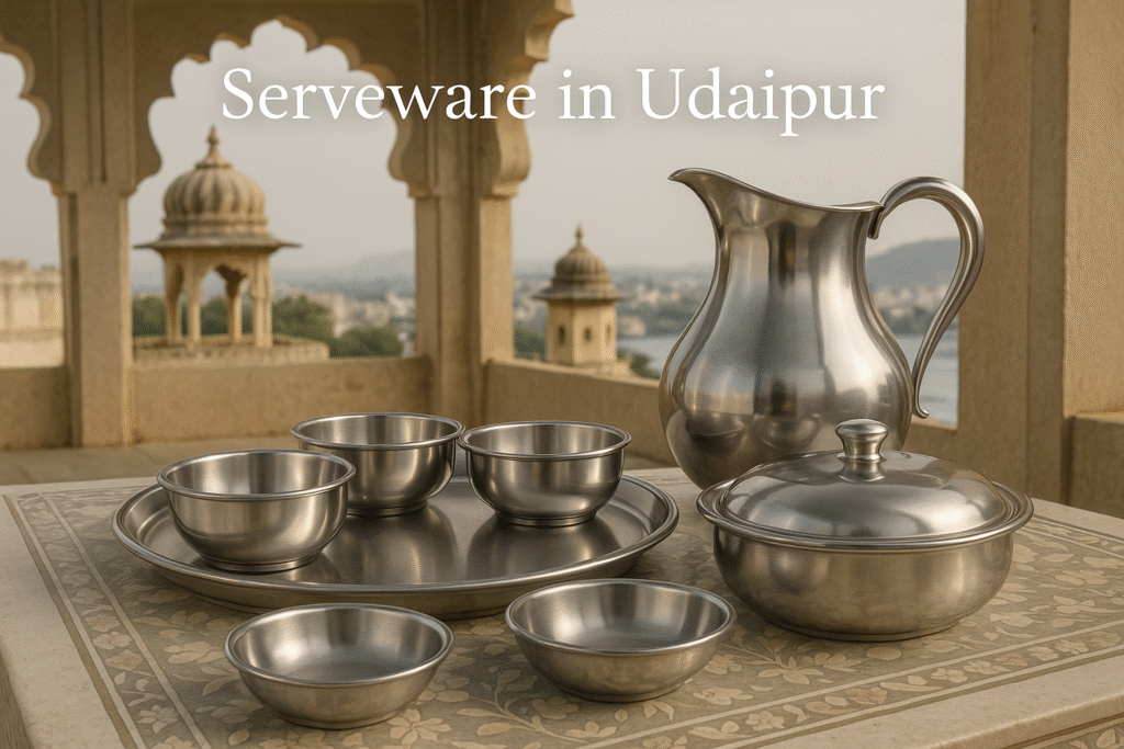 Beautiful serveware sets including serving bowls, platters, trays, and utensils available in Udaipur