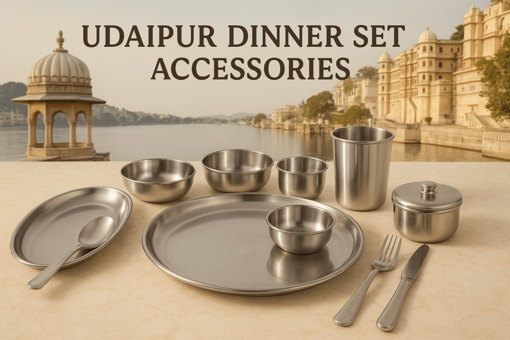 Elegant dinner set accessories in Udaipur including serving spoons, napkin rings, serving bowls, and decorative platters