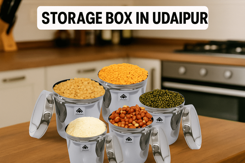 Variety of storage boxes in Udaipur including plastic, metal, wooden, and eco-friendly types